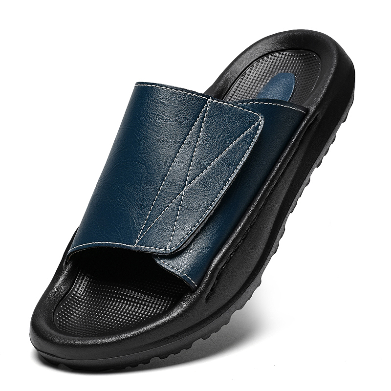 Men'S Shoes With Velcro - Skórzane klapki męskie Easy-top, regulowane, otwarte,